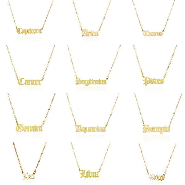 pendant necklaces kaplan center letter constellation necklace for women stainless steel gold 12 zodiac choker alphabet jewelry, Silver